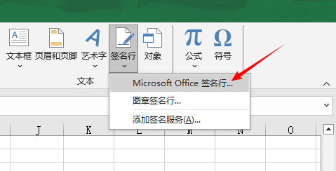 Excel 中“签名行”下的“Microsoft Office 签名行”选项