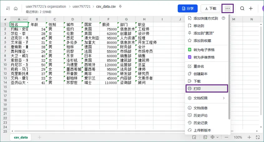 使用飞书 Docs将 CSV 打印为 PDF