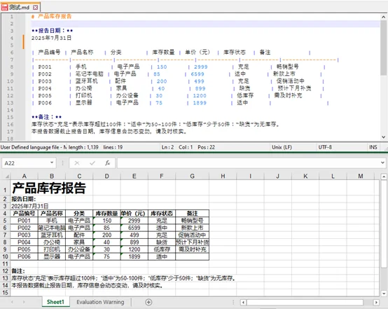 使用 C# 批量将 Markdown 文件转换为 Excel的输出效果