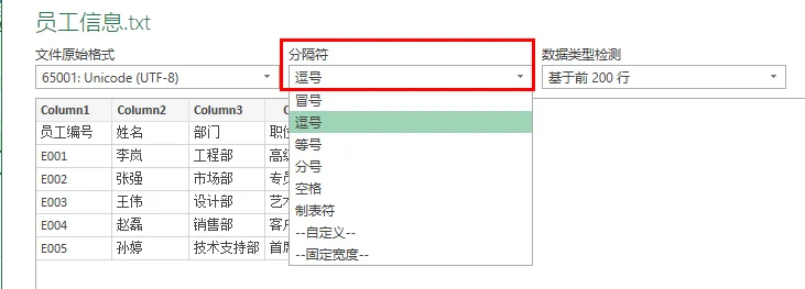 选择文本文件使用的分隔符