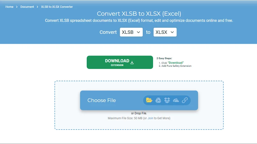 Vertopal XLSB 转 XLSX 页面中的 Choose File 文件上传入口