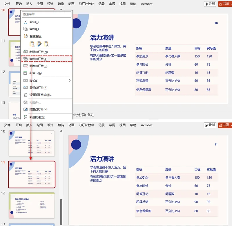 右键单击幻灯片缩略图并在 PowerPoint 中选择复制幻灯片