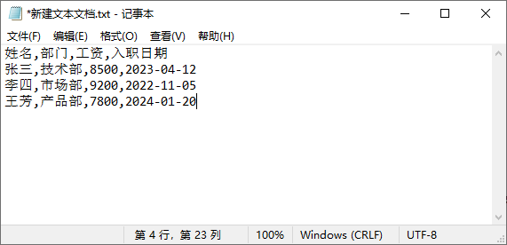 记事本中的CSV数据