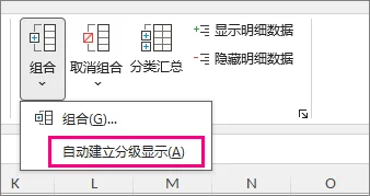Excel 数据选项卡的组合菜单中显示自动建立分级显示选项