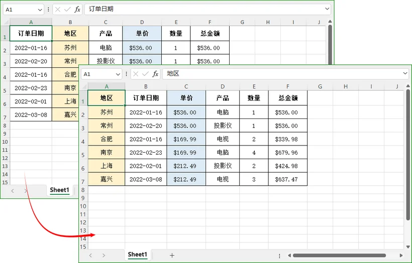 使用Python和Free Spire.XLS在Excel中重新排列列